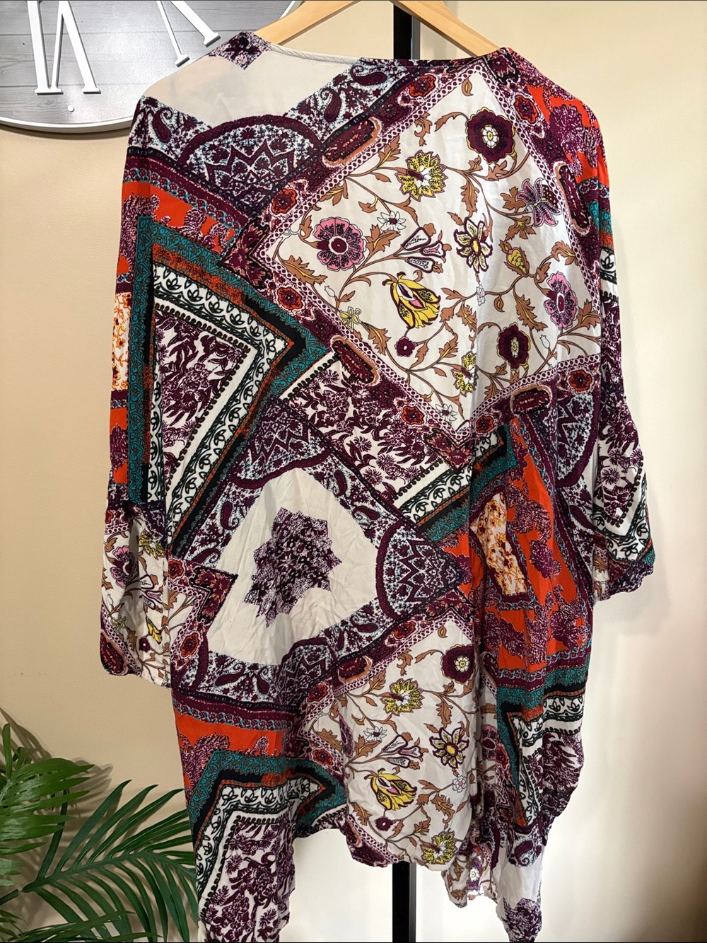 Gigio XL Cream Kimono Jacket with Burgundy, Teal & Rust Patchwork - Picture 9 of 11